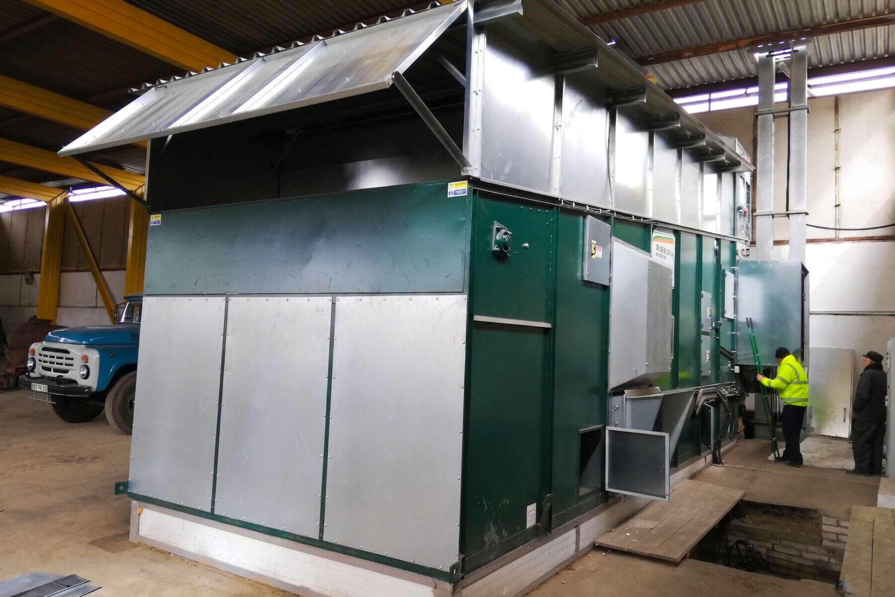 A grain-drying complex with Alvan Blanch in a shed